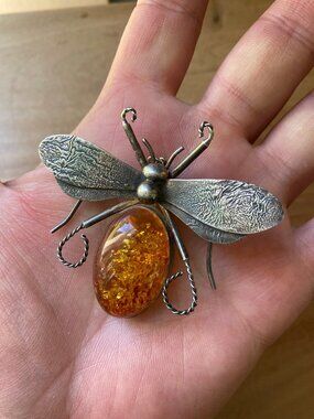 ENORMOUS Victorian Sterling SIlver Amber Bumble Bee Bug Brooch Pendant